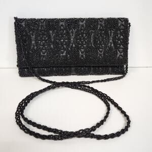 Carlo Fellini Crossbody Black Beaded Party Evening Bag Clutch Chain snap 9x5"